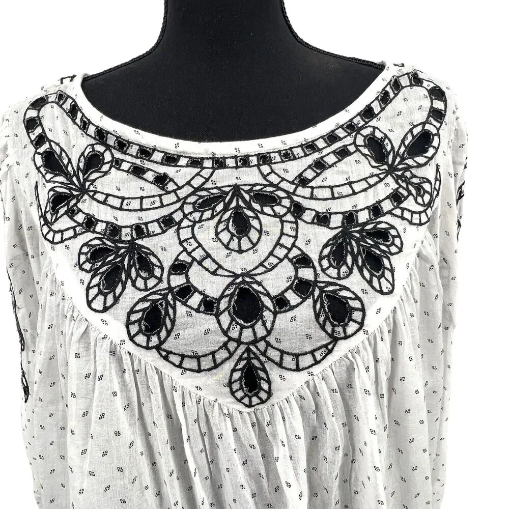 Free People Everything I Know Cotton‎ Peasant Blouse Embroidered Cutouts Medium